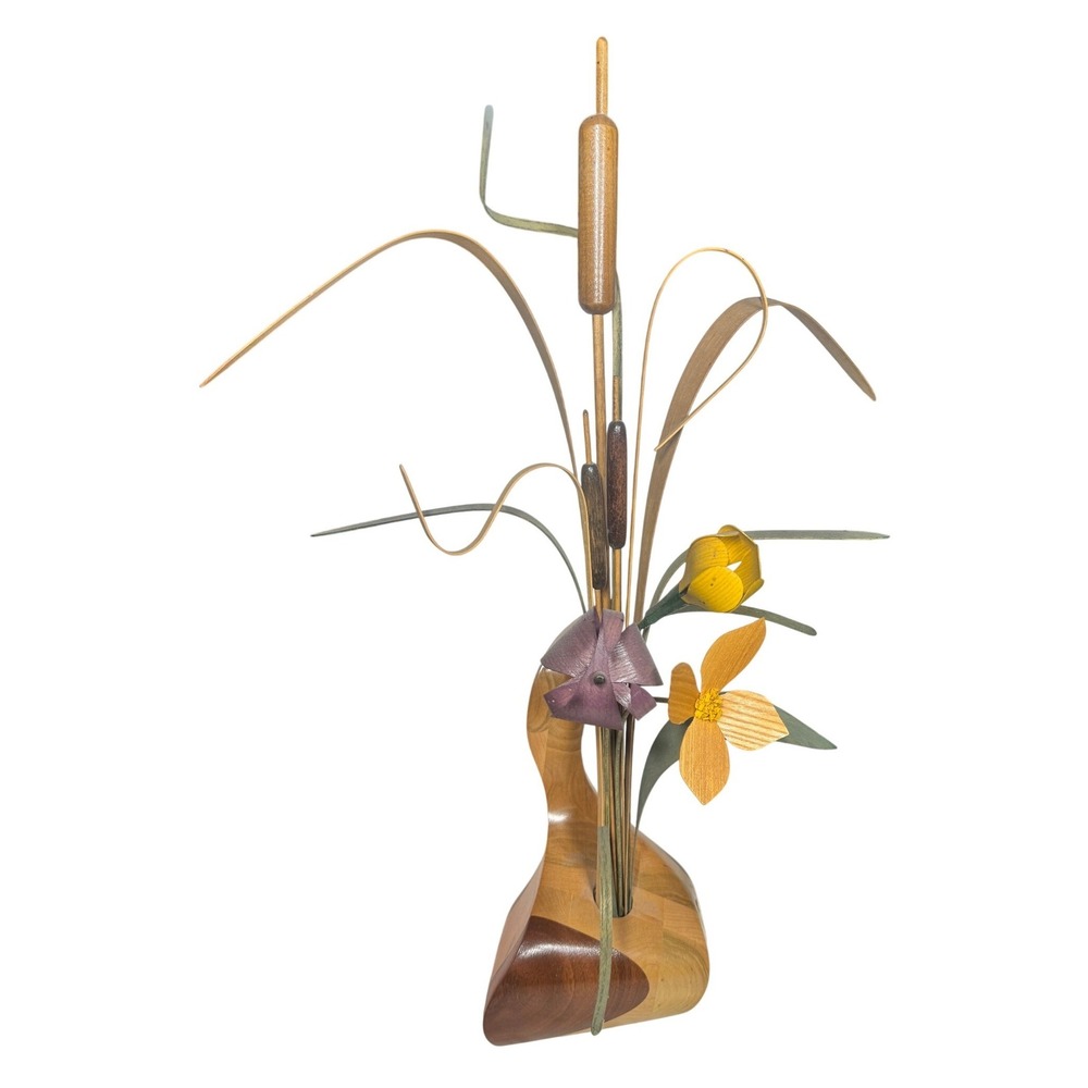 Vintage Handcrafted Wood Cattail and Wildflower Sculpture Floral Table Decor MCM